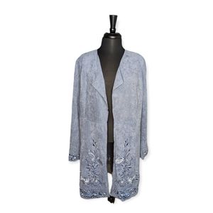 Curations Gray/Blue Embroidered Faux Suede Topper Duster/ Jacket Size Large